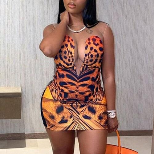 SEASONS Women Sexy Tiger Stripes Printed Dresses Mesh Patchwork Sleeveless Mini Bodycon Dress 2021 New Summer Fashion ASDR83478