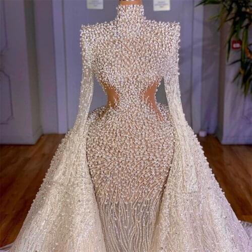 High Neck Pearls Mermaid Wedding Dress with Overskirt Sweep Train Illusion Bridal Gowns Cutaway Sides Sequins vestido de novia