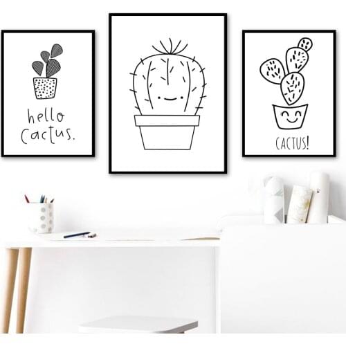 Black White Line Cactus Quotes Cartoon Wall Art Canvas Painting Nordic Posters And Prints Wall Pictures For Living Room Decor