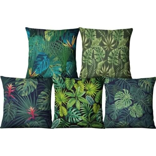 Decorative throw pillowcase cover green leafs tropical plant cotton linen cushion cover for sofa home capa de almofadas 45x45