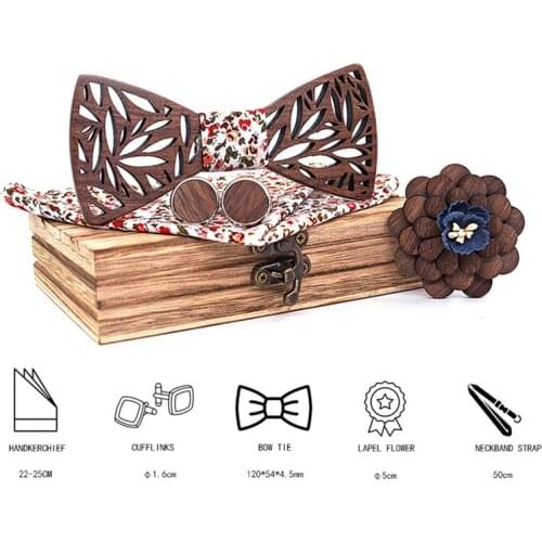 Paisley Wooden Bow Tie Handkerchief Set Mens Plaid Bowtie Wood Hollow Carved Cut Out Floral Design and Box Fashion Novelty Ties