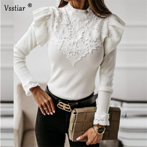 Elegant Lace Patchwork Women T-Shirt Winter Casual O Neck Long Sleeve Tops Oversized Autumn Office Ladies Skinny Femme Shirts