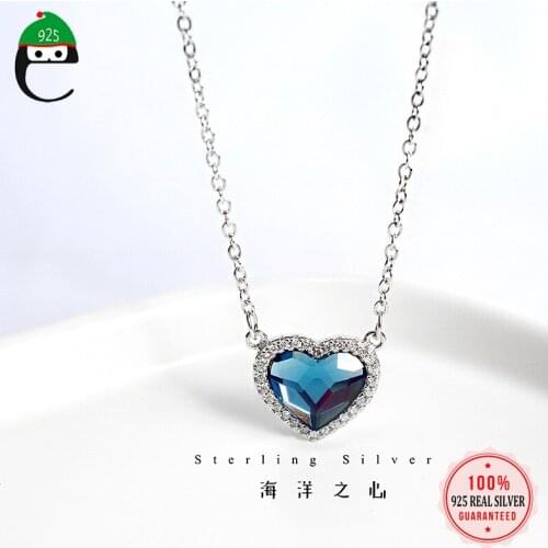 ElfoPlataSi 100% 925 Sterling Silver Sparkling Blue Heart Dazzling CZ Pendant Necklace For Women Silver 925 Jewelry Gift ED350