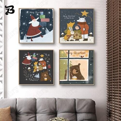 Cartoon Canvas Painting Santa Claus Snow Canvas Poster and Print Christmas Home Decoration Nordic for Living Room New Year Decor