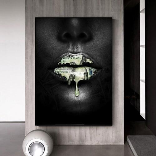 Nordic Women Lip With Dollar Oil Painting On Canvas Print Wall Art Poster Modern Black Picture For Living Room Home Decoration