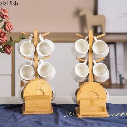 Ceramic Tea Pot and Cup holder Teapot Set Afternoon Tea Suit European five piece Coffee Cups bamboo Tray simple Home Decorations