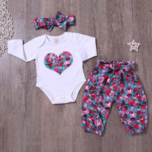 TELOTUNY Childrens clothing Toddler Baby Gilrs Long Sleeve Love Print Romper Tops+Pants+Headband 3PC Floral Set Outfits Jun23