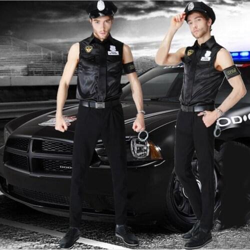 Halloween Adult Mans Police Cosplay Top Black Lapel Sleeveless Uniform Shirt U.S. Policeman With Hat Handcuffs Costumes Set
