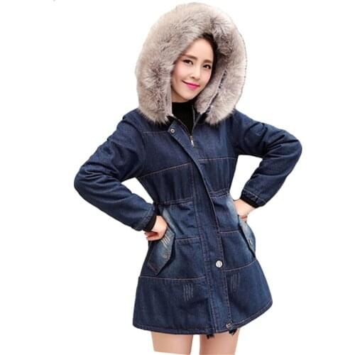 New Coats For Women Casual Denim Jackets Winter Coat Women Raccoon Fur Hooded Thick Warm Outwear Long Cotton Padded Jeans Parkas