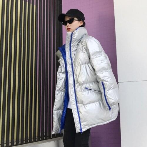 Fashion brand Glossy fabric zipper stitching silver cotton coats female winter plus size oversized loose bread style coat wq2187