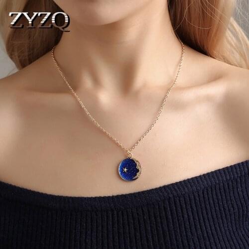 ZYZQ Trendy Sky Blue Color Moon&Star Shaped Necklace Fashion Galaxy Stary Sky Design Sweet Birthday Gift Necklace For Women