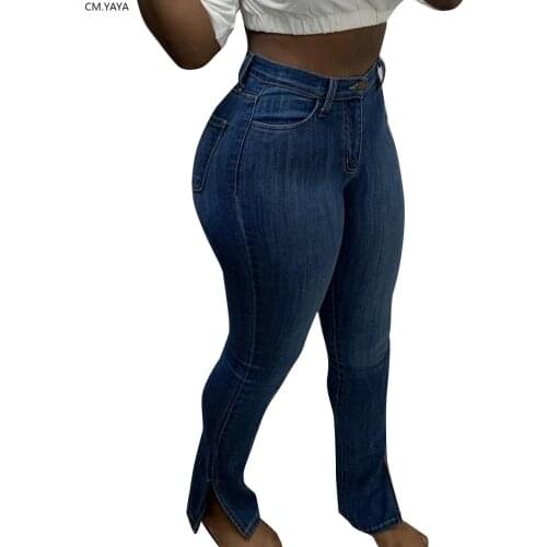 CM.YAYA Fashion Lady Denim Pants Women Retro Solid Sexy Jeans Ripped Split Wide Leg Trousers Street Skinny High Waist Lady Pants