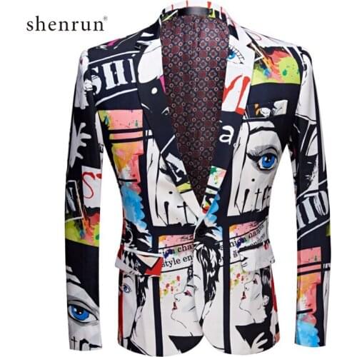 SHENRUN Fashion Men Blazer Slim Fit Casual Jacket Print Design Blazers Male Suit Jackets Prom Party Show Stage Costume Plus Size