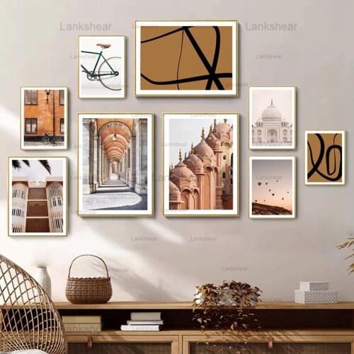 Wall Art Canvas Painting Moroccan Mosque Old Town Facade Bicycle Nordic Posters and Prints Pictures for Living Room Decoration