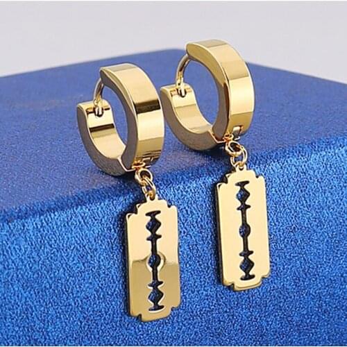 Punk Razor Blade Earrings Stainless Steel Charm Drop Dangle Earrings Men Jewelry