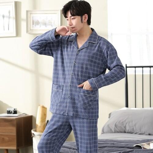 Men Pyjamas Set Homewear 2020 Spring Pure Cotton Long-sleeve Male Sleepwear Sets Plaid Prints Nightwear Button Cardigan Pajamas