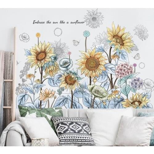 Sunflower Wall Stickers Flowers Home Decor for Bedroom Living Room Decoration Sofa Backdrop Wall Decal Mural Aesthetic Wallpaper
