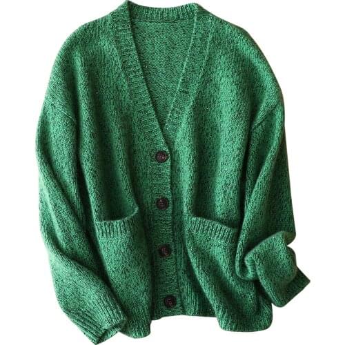 Luxury V-neck Cashmere Cardigan Womens Knitting Sweater Loose Retro Single Breasted High Street Vintage Cardigan Sequined