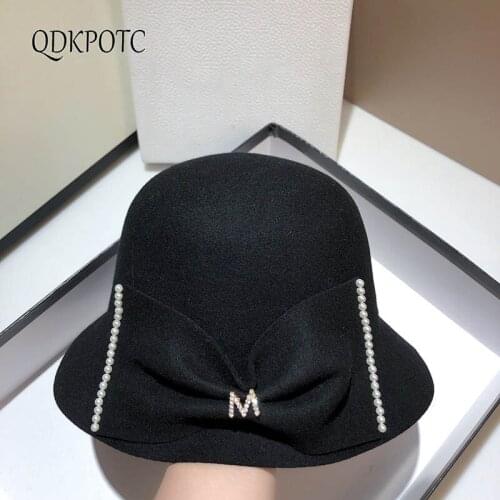 2021 Autumn Winter New Hat 100% Wool Fedoras Fashion Elegant Japanese Simplicity Women Pearl Bowknot Black Bucket Cap QDKPOTC