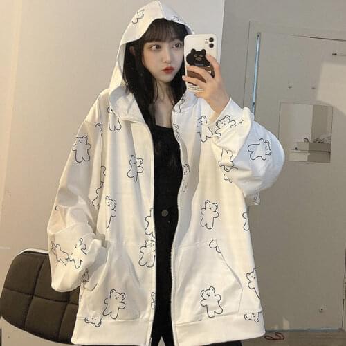 Funny Bear Printed Hoodie With Zipper Women Sweatshirt 2021 Spring Oversized Hoodie For Girl Outerwear Plus Size Kawaii Clothes