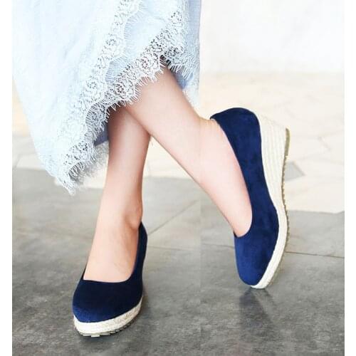 LIHUAMAO Flock women high heel shoes wedges platform round toe ladies pumps work party skid resistance comfortable espadrilles