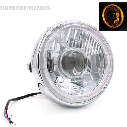 Universal Black Headlight Lamp Hi/Lo Beam Amber/Blue Angel Eye Projector Motorcycle Cruiser Chopper Cafe Racer Old School Bobber