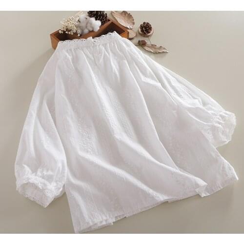 Mori Girl Literary Embroidery White Women T-shirt New Summer Lantern Sleeve Cotton Lace Collar T-shirts Women