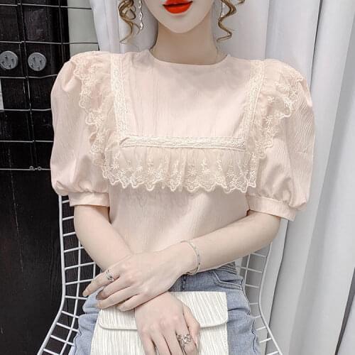 Summer 2021 New Round Neck Solid Shirt Lace Stitching Puff Short-sleeved Blouse Women Blusas Mujer De Moda