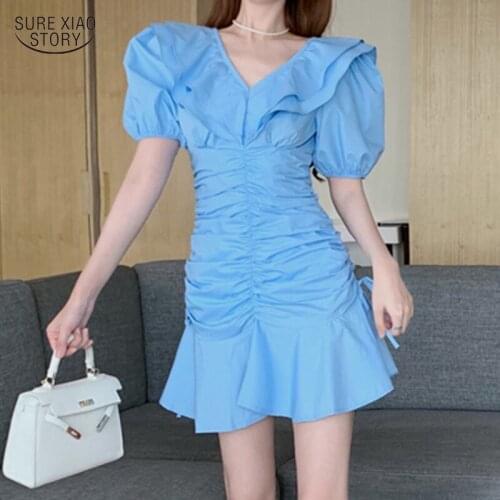 Puff Sleeve V-neck Waist Womens Skirts Summer Elegant Slim Dress Womens Ruffle Short Sleeve Pure Packed Hip Short Skirts 15075