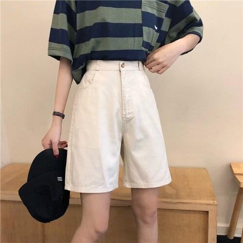 New Summer Women Jean Shorts High Waist Button Wigh Leg Jeans Shorts Casual Female Loose Fit Black Denim Shorts Knee Length