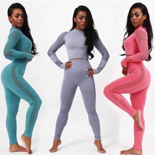 Women Seamless yoga set Fitness Sports Suits Cloth Yoga Long Sleeve Shirts High Waist Running Leggings Workout Pants Shirts