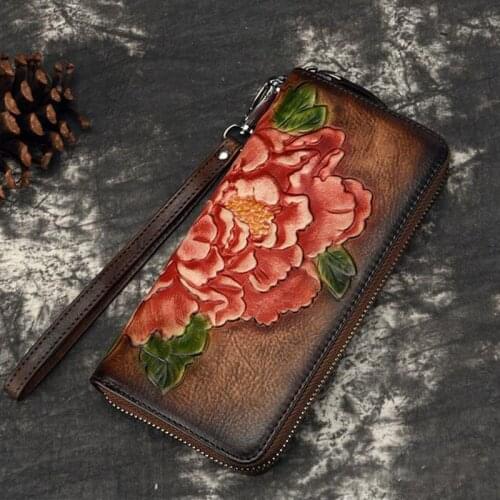 Genuine Leather Clutch Bag for Women Wallets Vintage Cowhide Embossed Money Bag ID/Credit Card Holder Handy Clutch Wallet