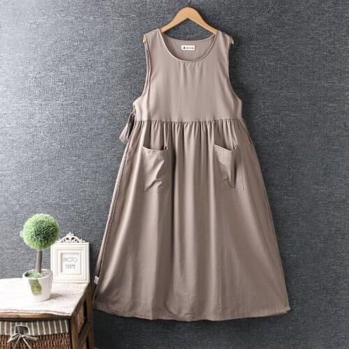 2021 New Spring Women Dress Japan Style Mori Girl Literary Fresh O-Neck Sleeveless Cotton linen Solid Color Women Dresses