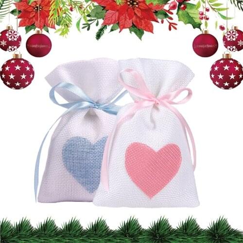 10Pcs/Lot Drawstring Bags Heart Pattern Storage Bags Natural Burlap Bag Jute Gifts Packing For Christmas Wedding Candy Packaging