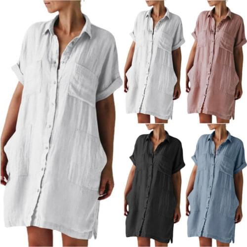 Cofekate White Dress Woman Dresses Short Sleeve Shirt Dress Mini Dress Casual Ladies Robe Plus Size Pocket Shirt Dress for Women