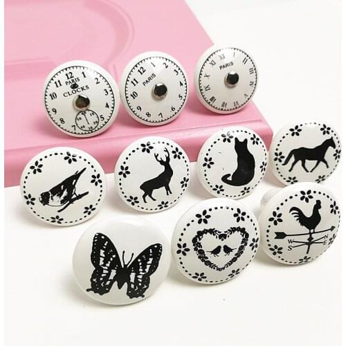 Black & White Star Flower Clock Print Ceramic Door Knobs Kids Drawer Knobs Cupboard Furniture Handles Single Hole Cabinet Pulls