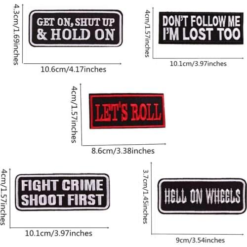 Left chest black white font name HOLD ON,LESS ROLL,LOST,FIGHT CRIME embroidery patch iron on sew on emblemas for sleeve bag