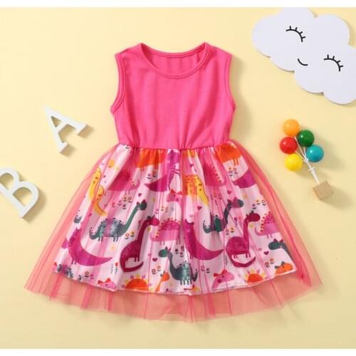 Toddler Kids Baby Girls Dress Sleeveless Patchwork Cartoon Dinosaur Tulle Printing Lovely Dress Party Princess Summer Dresses