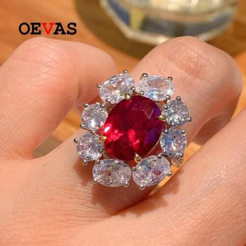 OEVAS 100% 925 Sterling Silver Ruby Gemstone High Carbon Diamond Rings For Women Sparkling Wedding Party Fine Jewelry Wholesale