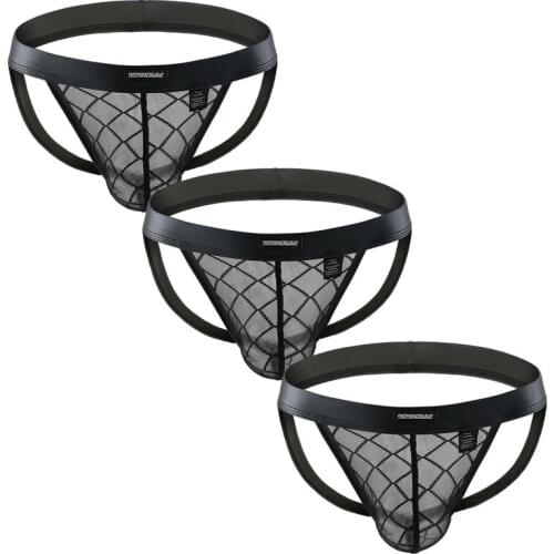 3PCS/Lots Mens Sexy Thongs G-String Jockstrap Mesh Penis Pouch Transparent Gay Panties Erotic Open Butt String Tanga Underwear