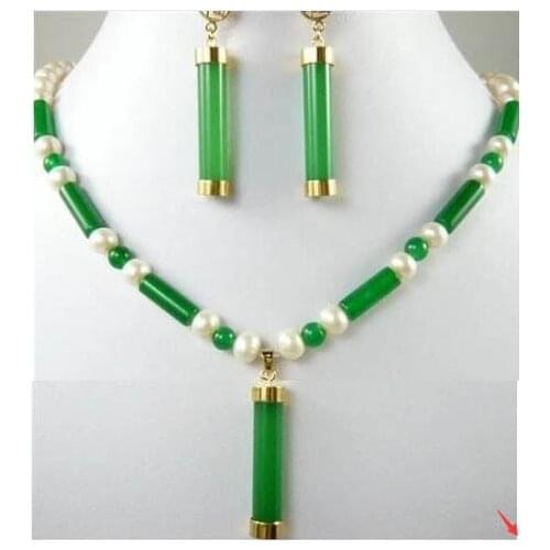Charm Green Jade White pearl necklace +Jade earring set