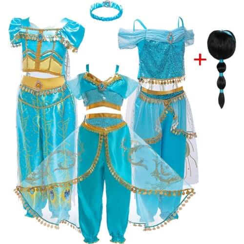 Girls Jasmine Dress Up Clothes Kids Carnival Party Costume Children Aladdin Blue Green Princess Fancy Cosplay Halloween Dresses