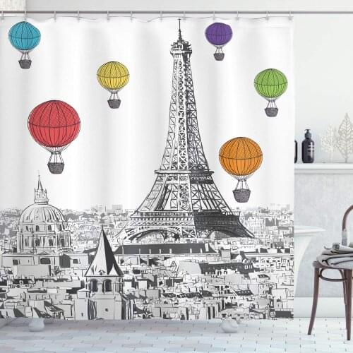 Paris Shower Curtain Greyscale Eiffel Tower and Notre Dame Building with Rainbow Colored Hot Air Balloons Bathroom Decor Set