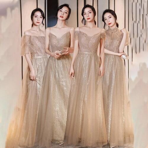 Bridesmaids Dress Illusion V-Neck Sequined Pleat Spaghetti Straps Floor-Length A-Line Tulle Vintage Lady Wedding Party Gown E423