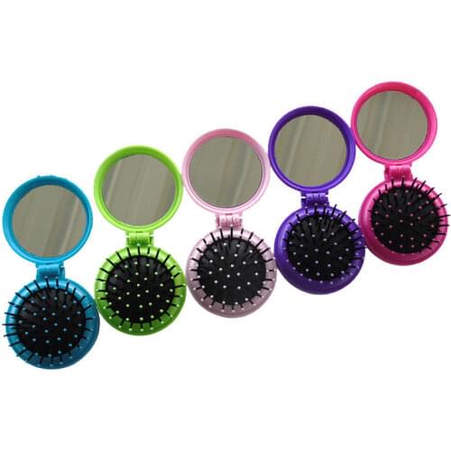 1Pcs Colorful Girls Portable Mini Folding Comb Airbag Massage Round Travel Hair Brush With Mirror Plastic Hair Accessories