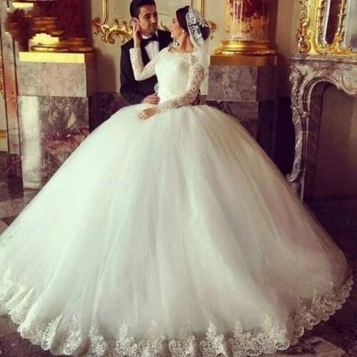 Luxury HIgh Neck Tulle Ball Gown Wedding Dress 2021 Long Sleeves Charming Applique Vestido De Novia Floor-Length Wedding Dresses