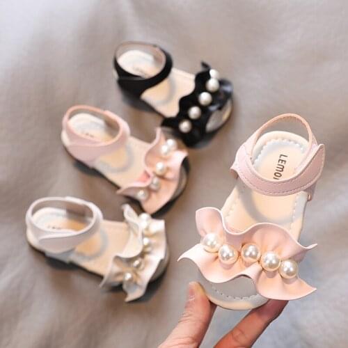 2021 Summer Girls Sandals Pearls Princess Shoes Ruffles Ankle Strap Kids Shoes Cute Children Beach Shoes Toddlers Baby White