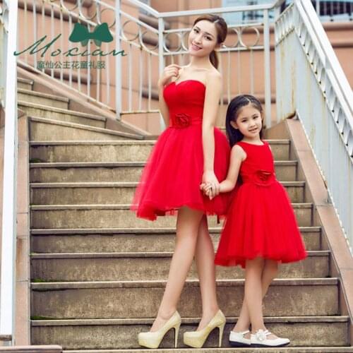 Mother Daughter Wedding Dresses Red Mommy Kids Mom and Duaghter Vestidos Matching Bridesmaid Dresses Evening Party Tutu Dresss