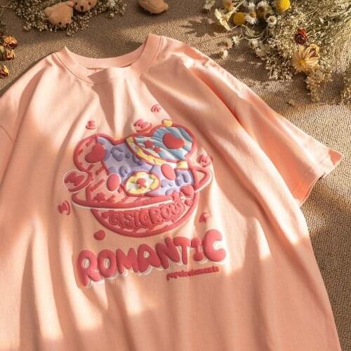 Loose Cute Cartoon Sweet Girls Japanese Streetwear Harajuku Pink Kawaii Casual Tops Vintage Loose E-Girl Summer Women T-shirt