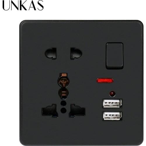 UNKAS Black Wall Power Socket 13A Universal 5 Hole Switched Outlet 2.1A Dual USB Charger Port LED indicator